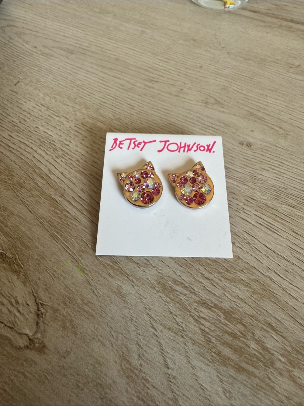 Betsey Johnson "CAT FACE PINK JEWELED " STUD EARRINGS